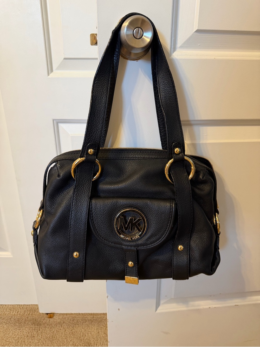 Michael Kors Black Leather Shoulder Tote with Gold Accents
